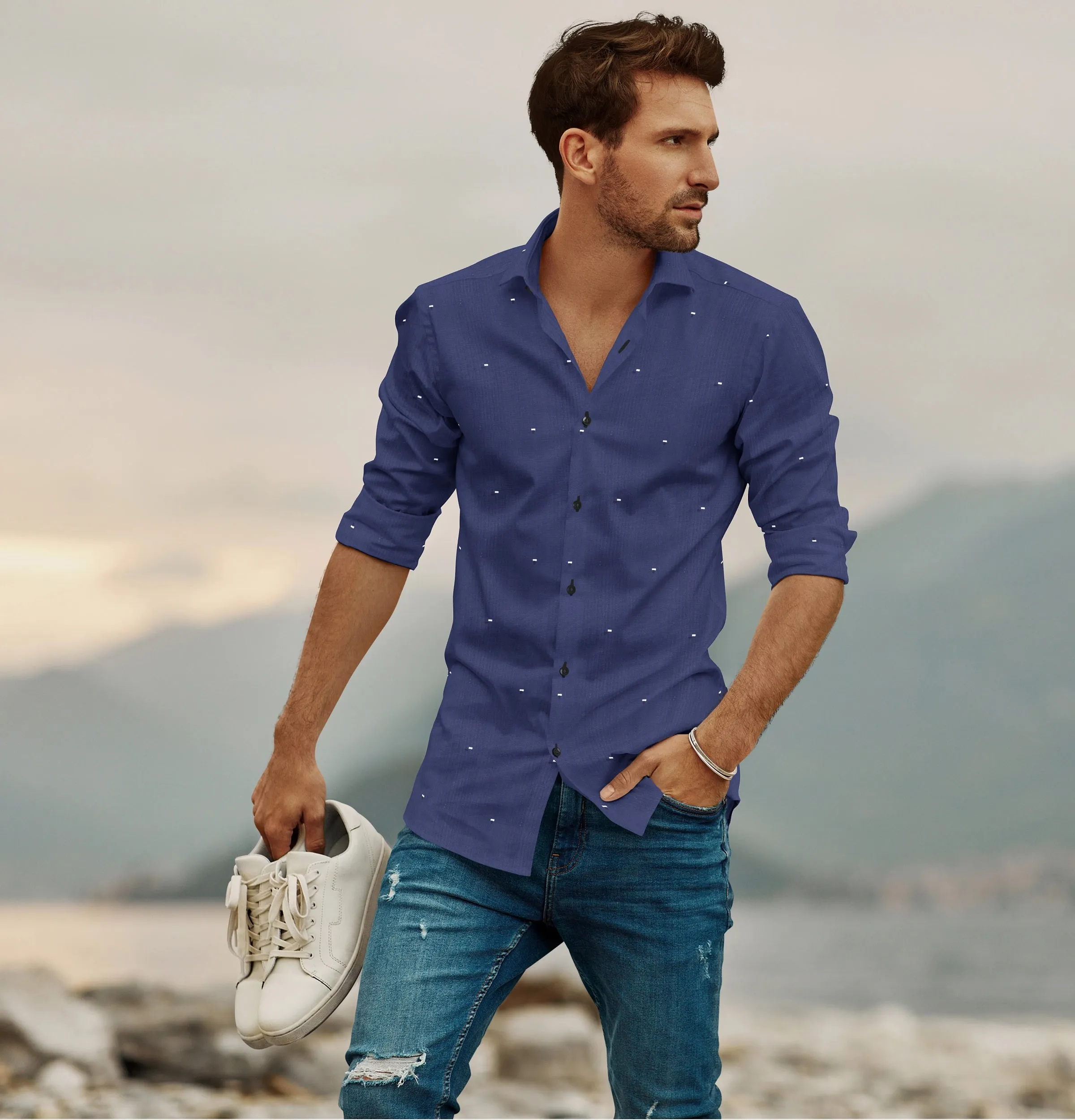 Pure Cotton - Long Sleeve - Navy with Dash Print sold by Airthreads product image thumbnail 4