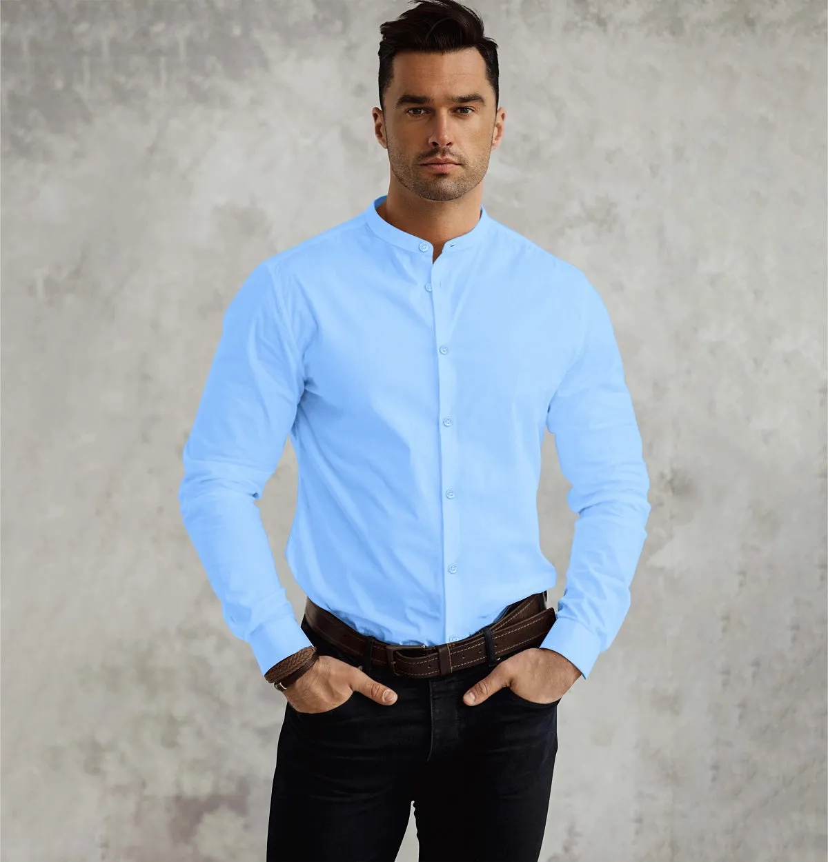 Wrinkle-resistant - Band Collar - Cotton-Lycra Shirt - Long Sleeve - Sky Blue sold by Airthreads product image thumbnail 3