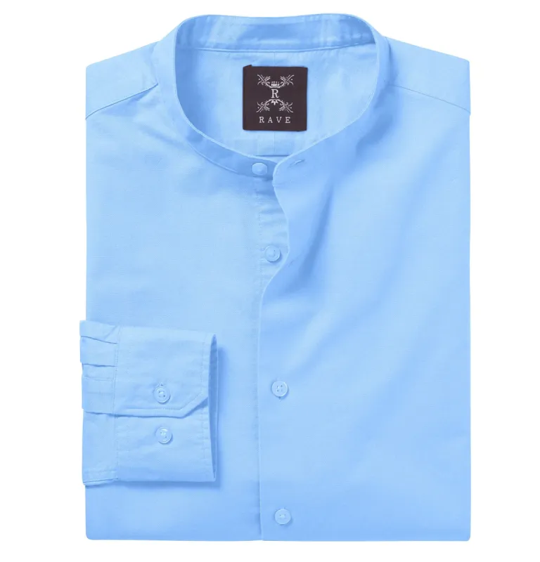 Wrinkle-resistant - Band Collar - Cotton-Lycra Shirt - Long Sleeve - Sky Blue sold by Airthreads