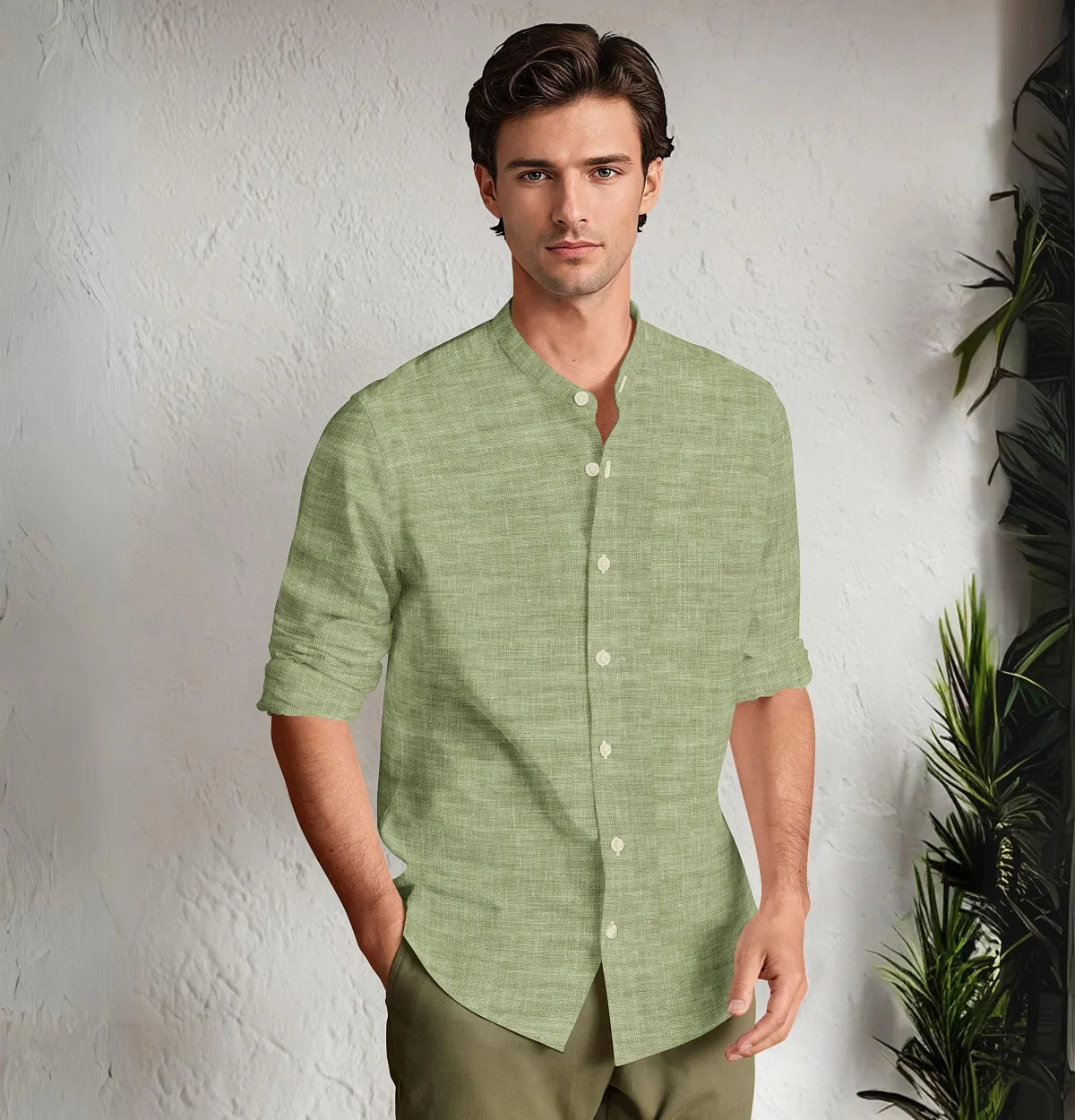 Pure Linen - Band Collar - Olive Green sold by Airthreads product image thumbnail 4