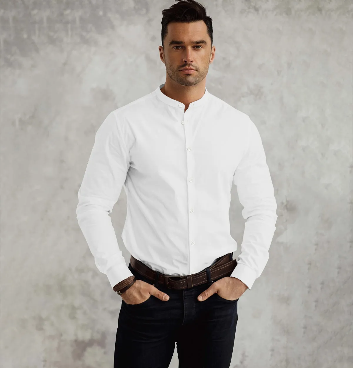Wrinkle-resistant - Band Collar - Cotton-Lycra Shirt - Long Sleeve - White sold by Airthreads product image thumbnail 3