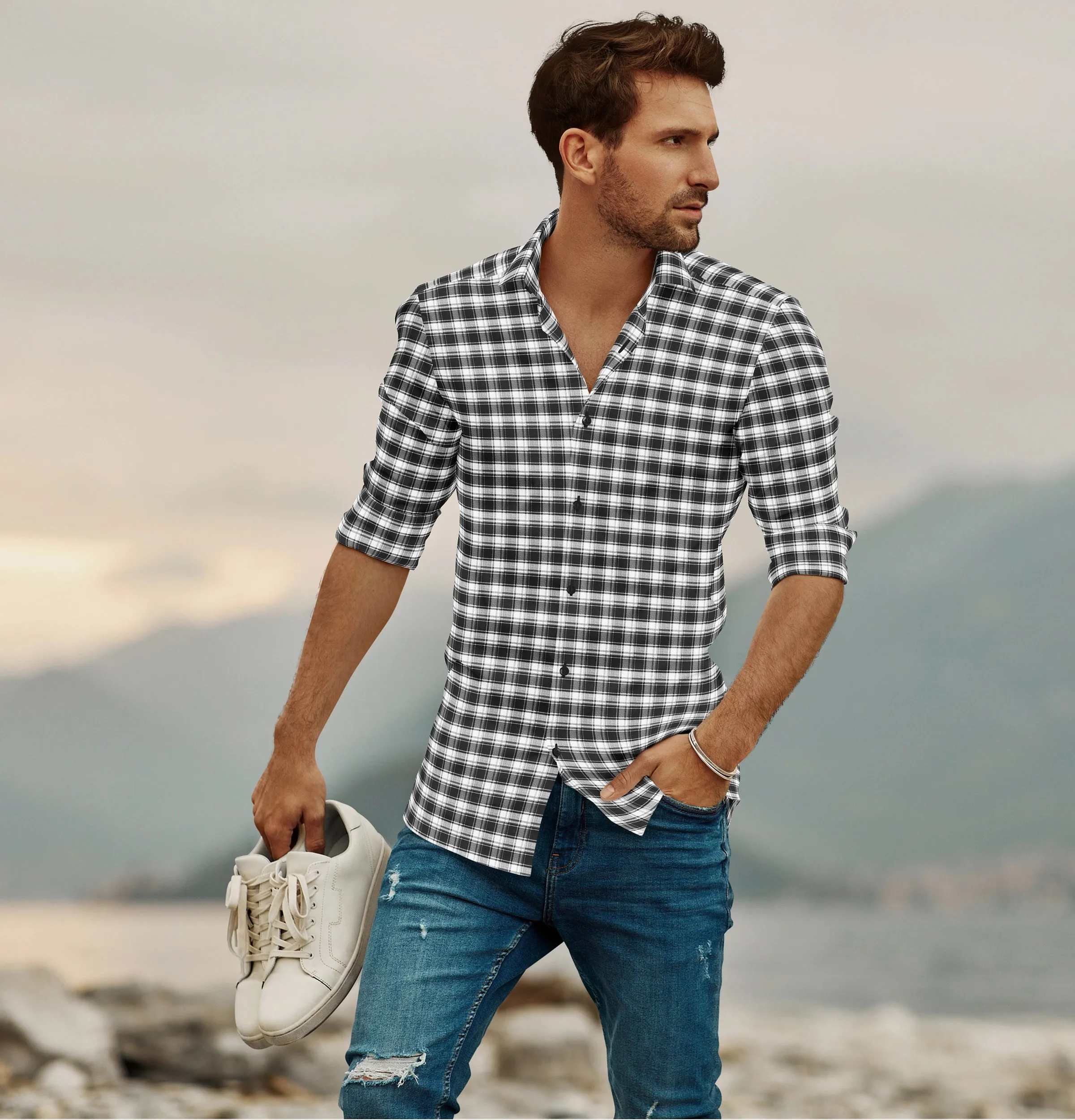 Pure Cotton - Long Sleeve - Black & White Checks Style 5 sold by Airthreads product image thumbnail 3