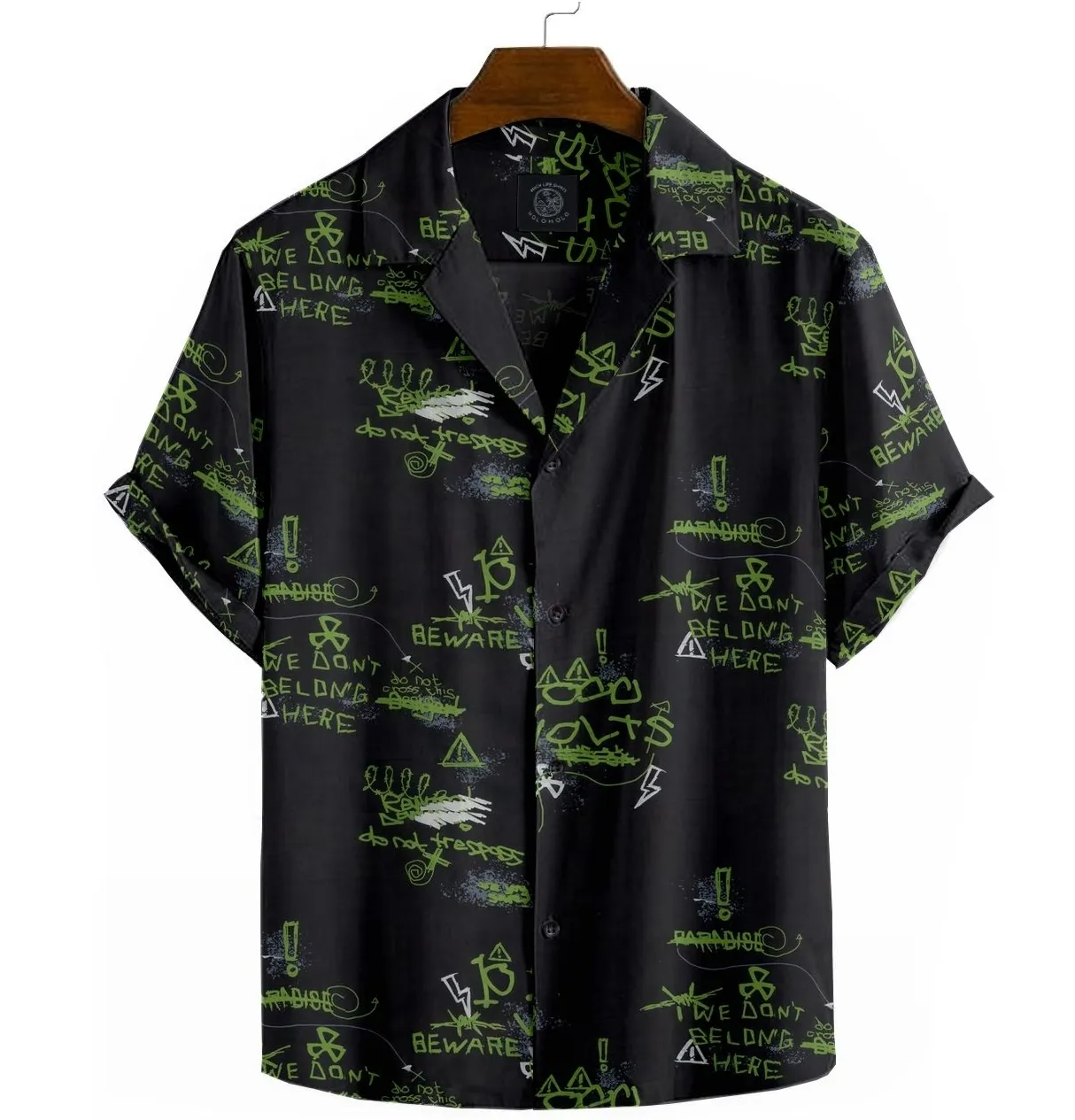 Cotton - Camp Collar Shirt - Black Green Text sold by Airthreads