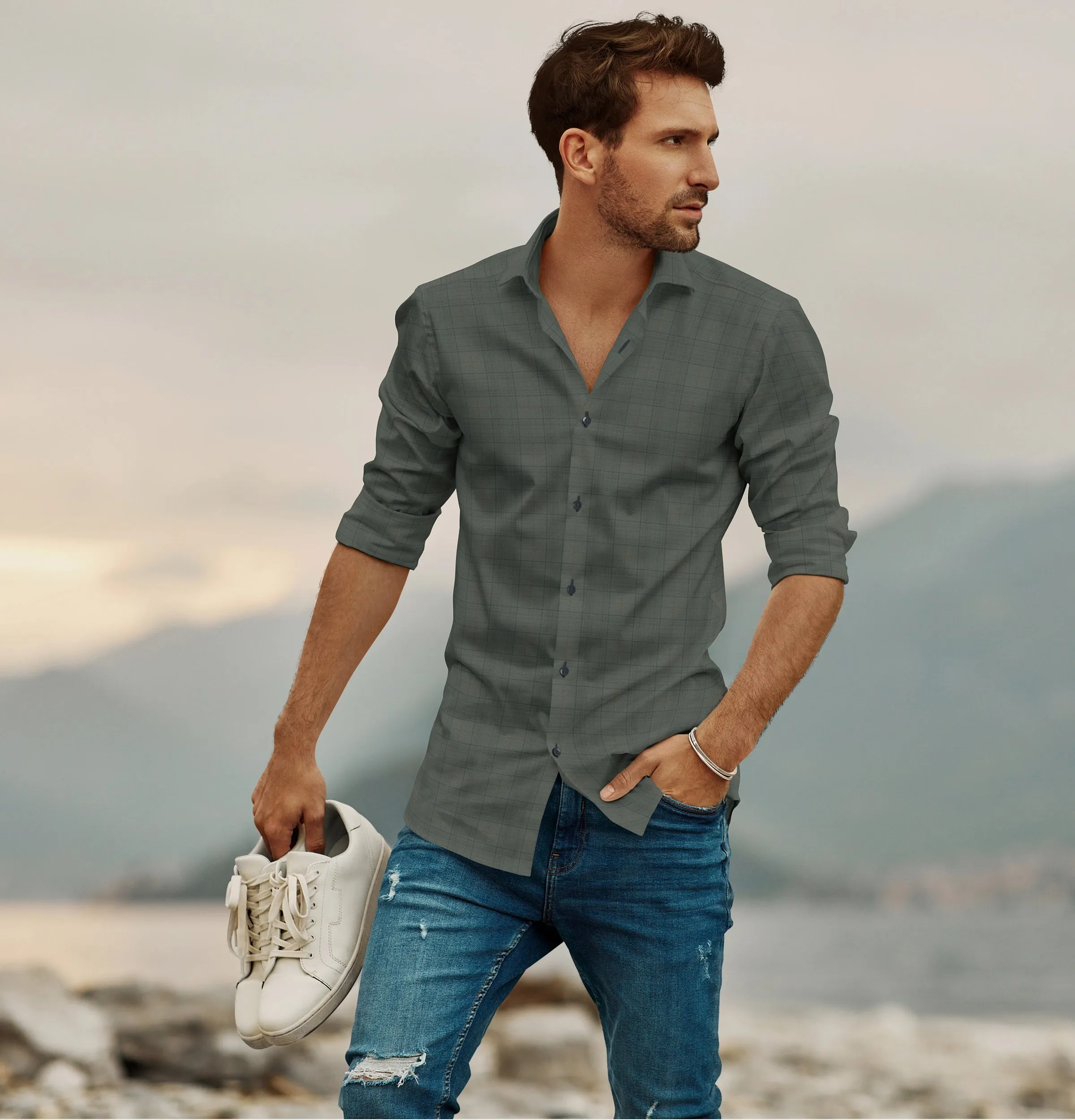 Pure Cotton - Long Sleeve - Olive Checks sold by Airthreads product image thumbnail 3