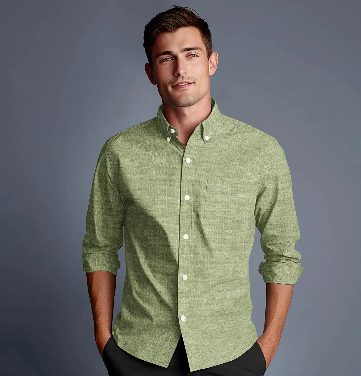 Pure Linen Button-Down - Long Sleeve - Olive Green sold by Airthreads product image thumbnail 4