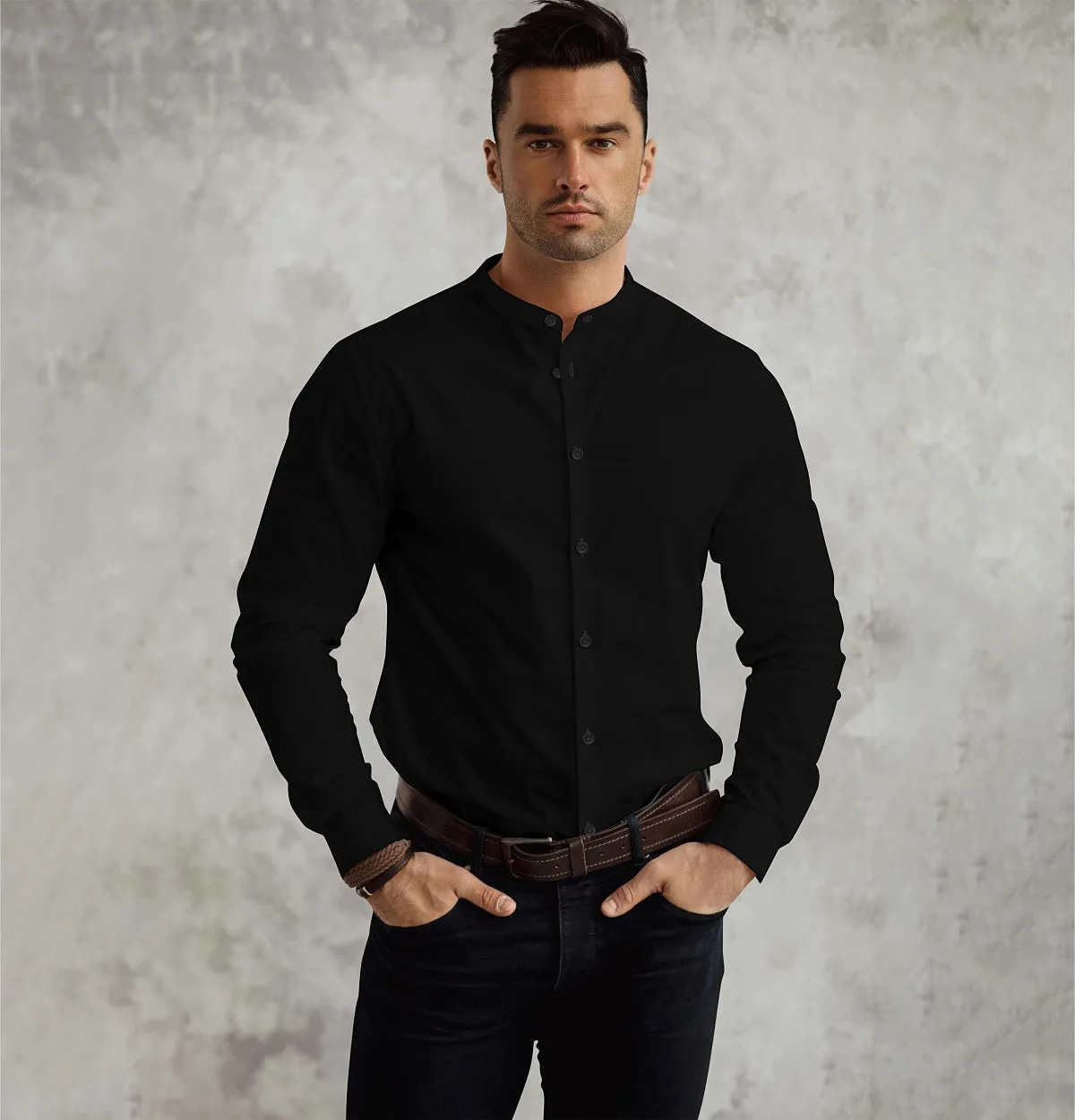 Wrinkle-resistant - Band Collar - Cotton-Lycra Shirt - Long Sleeve - Black sold by Airthreads product image thumbnail 3