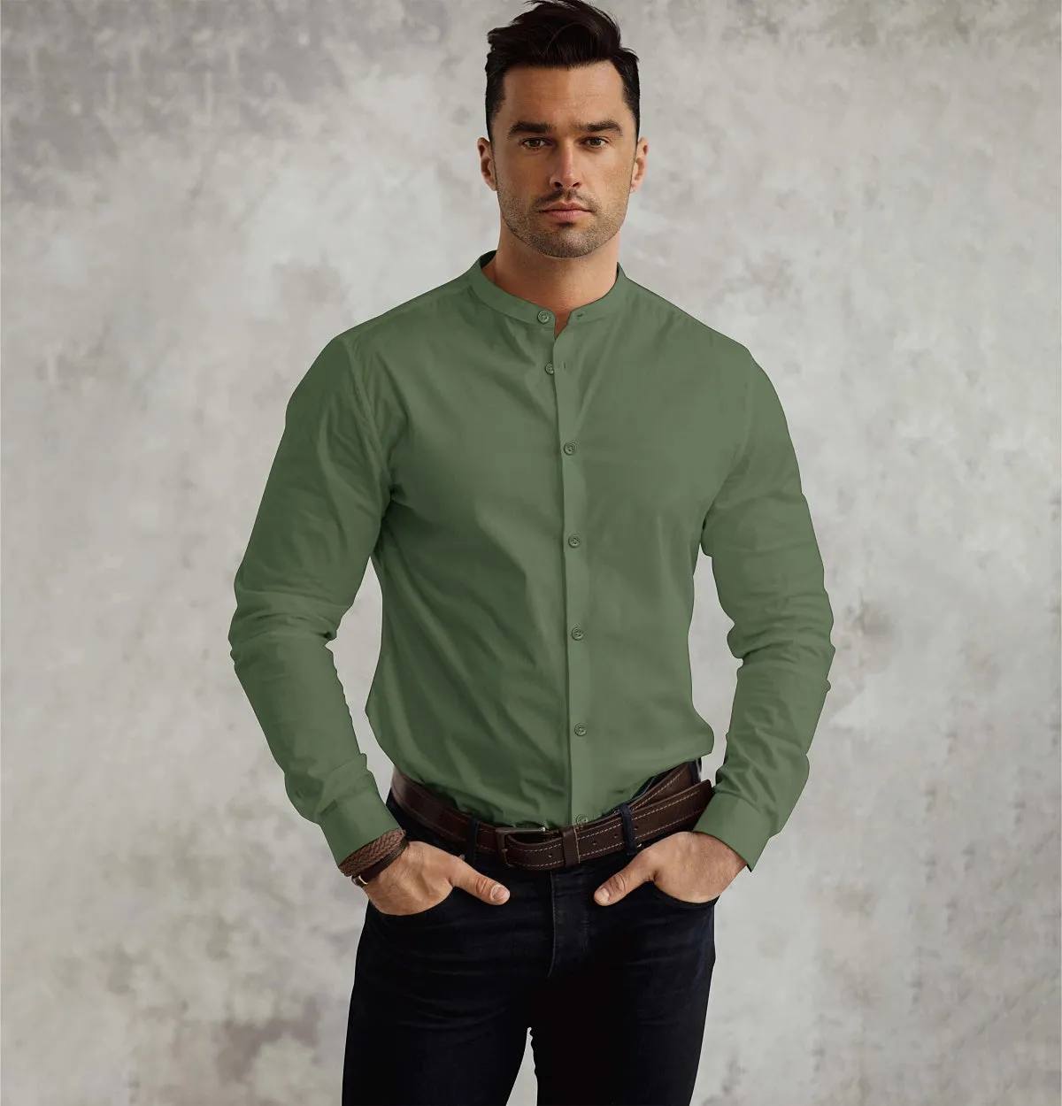 Wrinkle-resistant - Band Collar - Cotton-Lycra Shirt - Long Sleeve - Olive Green sold by Airthreads product image thumbnail 3