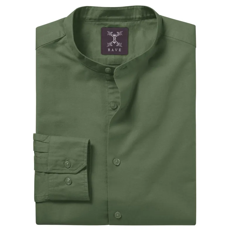 Wrinkle-resistant - Band Collar - Cotton-Lycra Shirt - Long Sleeve - Olive Green sold by Airthreads