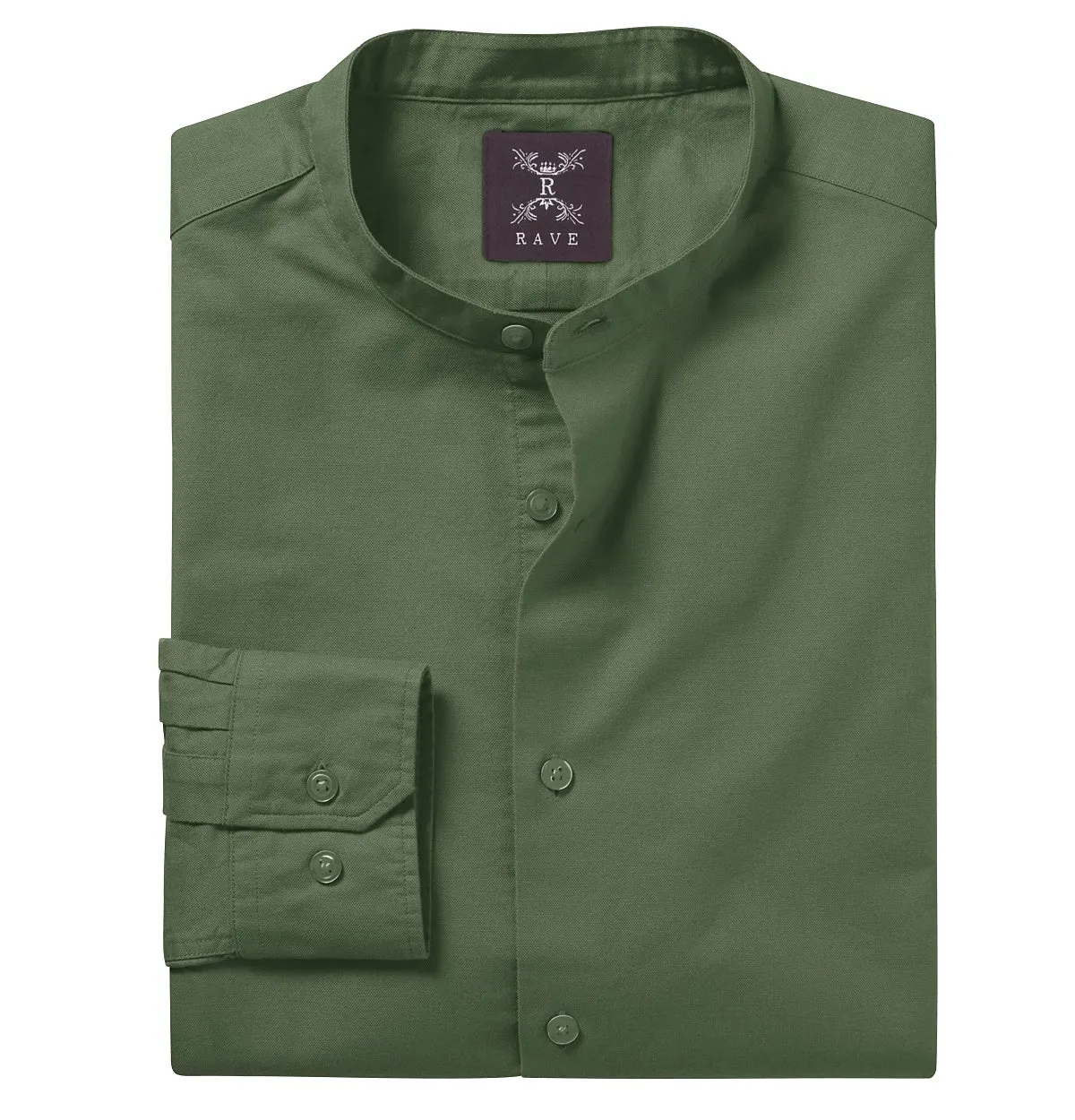 Wrinkle-resistant - Band Collar - Cotton-Lycra Shirt - Long Sleeve - Olive Green sold by Airthreads