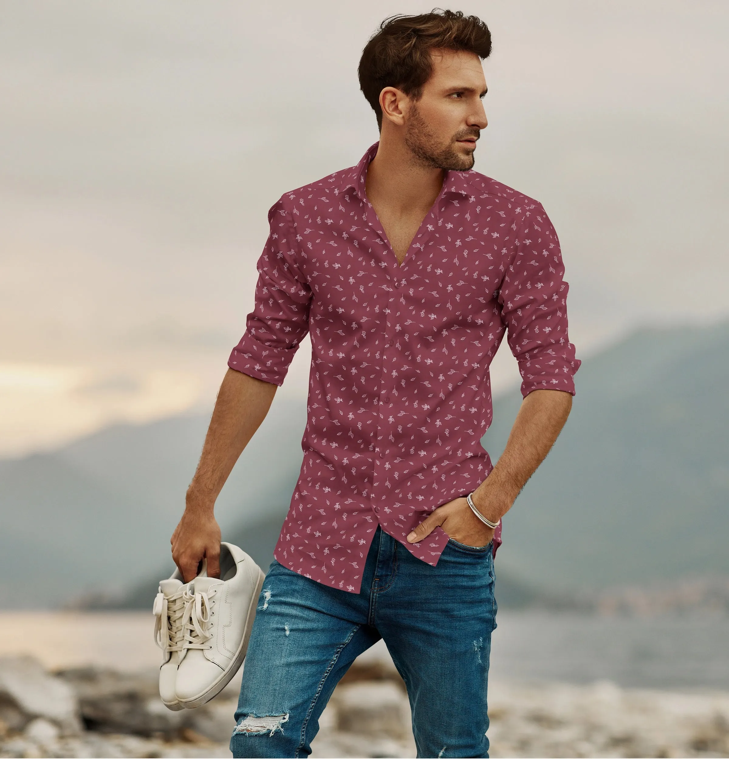 Pure Cotton - Long Sleeve - Maroon with Leaves sold by Airthreads product image thumbnail 3