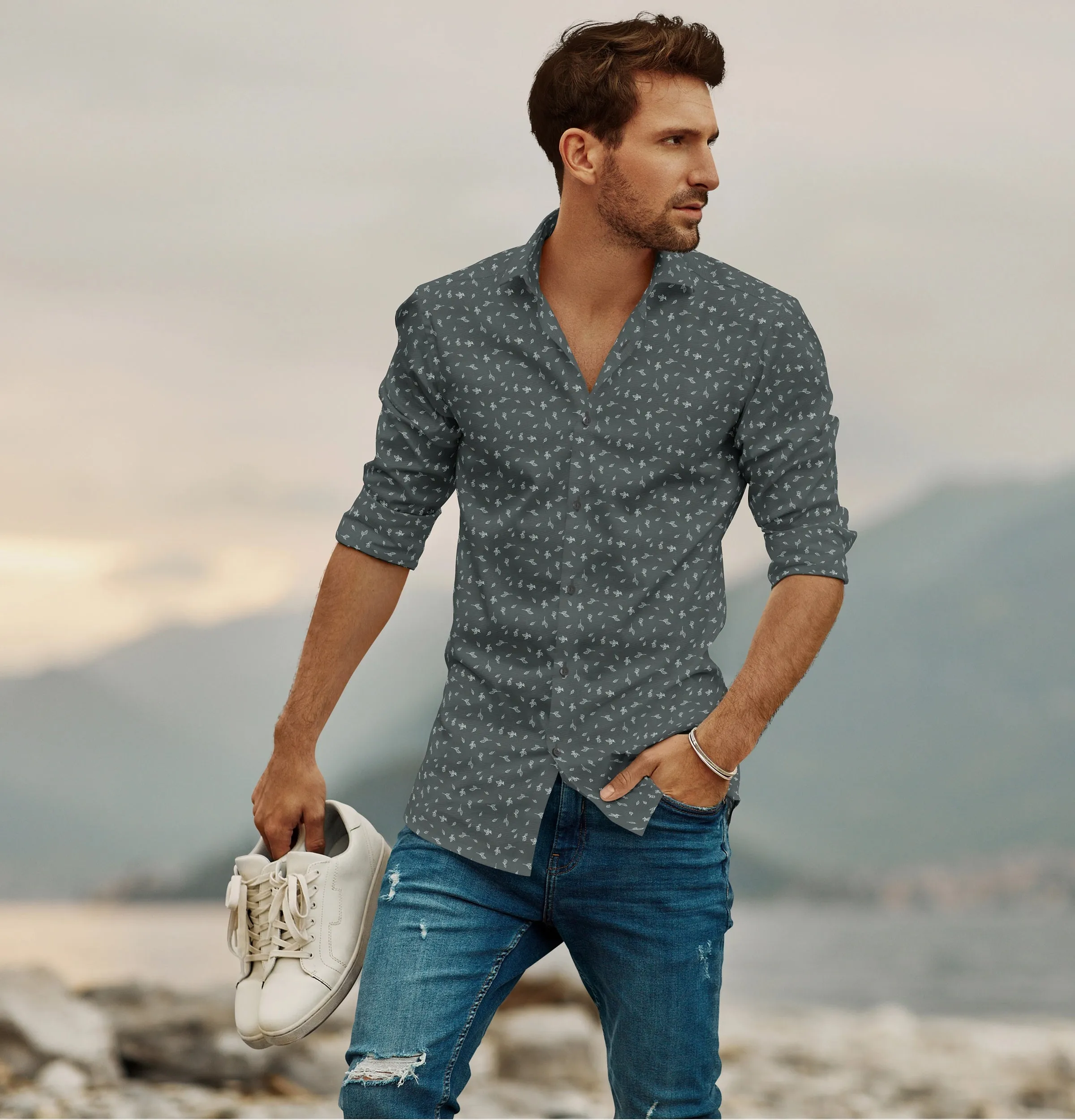 Pure Cotton - Long Sleeve - Dark Gray with Leaves sold by Airthreads product image thumbnail 3