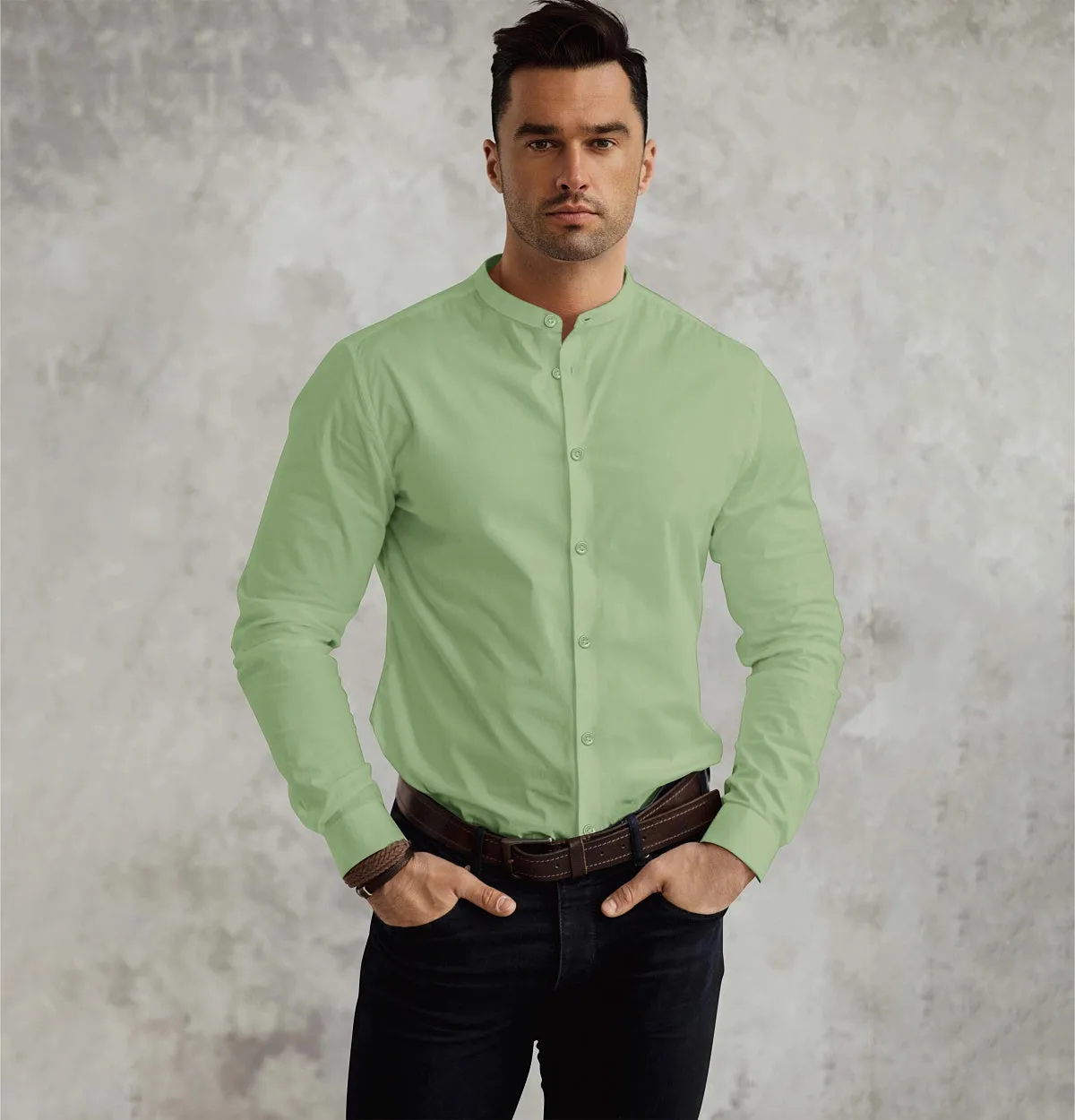 Wrinkle-resistant - Band Collar - Cotton-Lycra Shirt - Long Sleeve - Leaf Green sold by Airthreads product image thumbnail 3