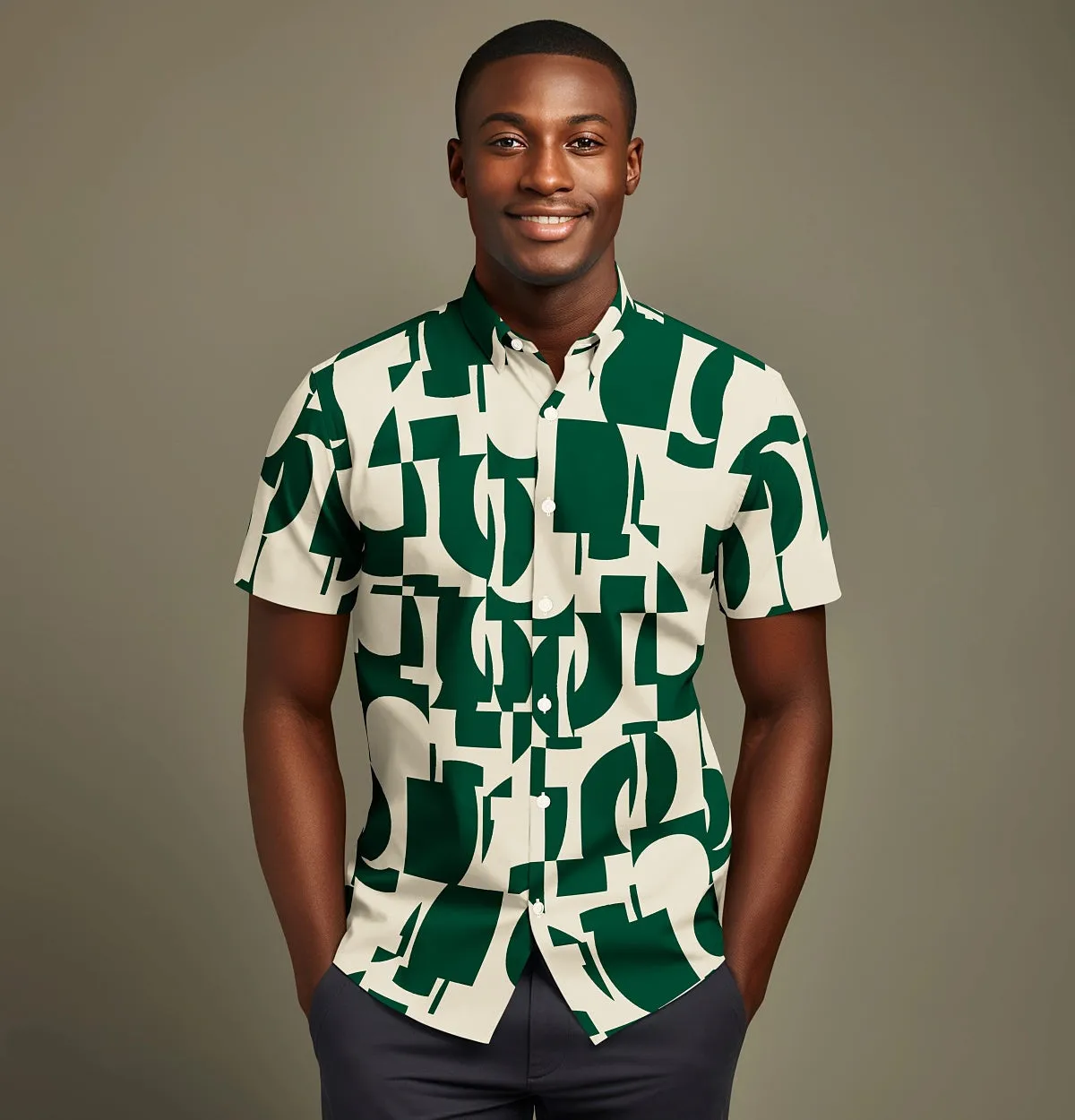 Wrinkle-Free - Beige & Green Abstract - Short Sleeve sold by Airthreads product image thumbnail 4