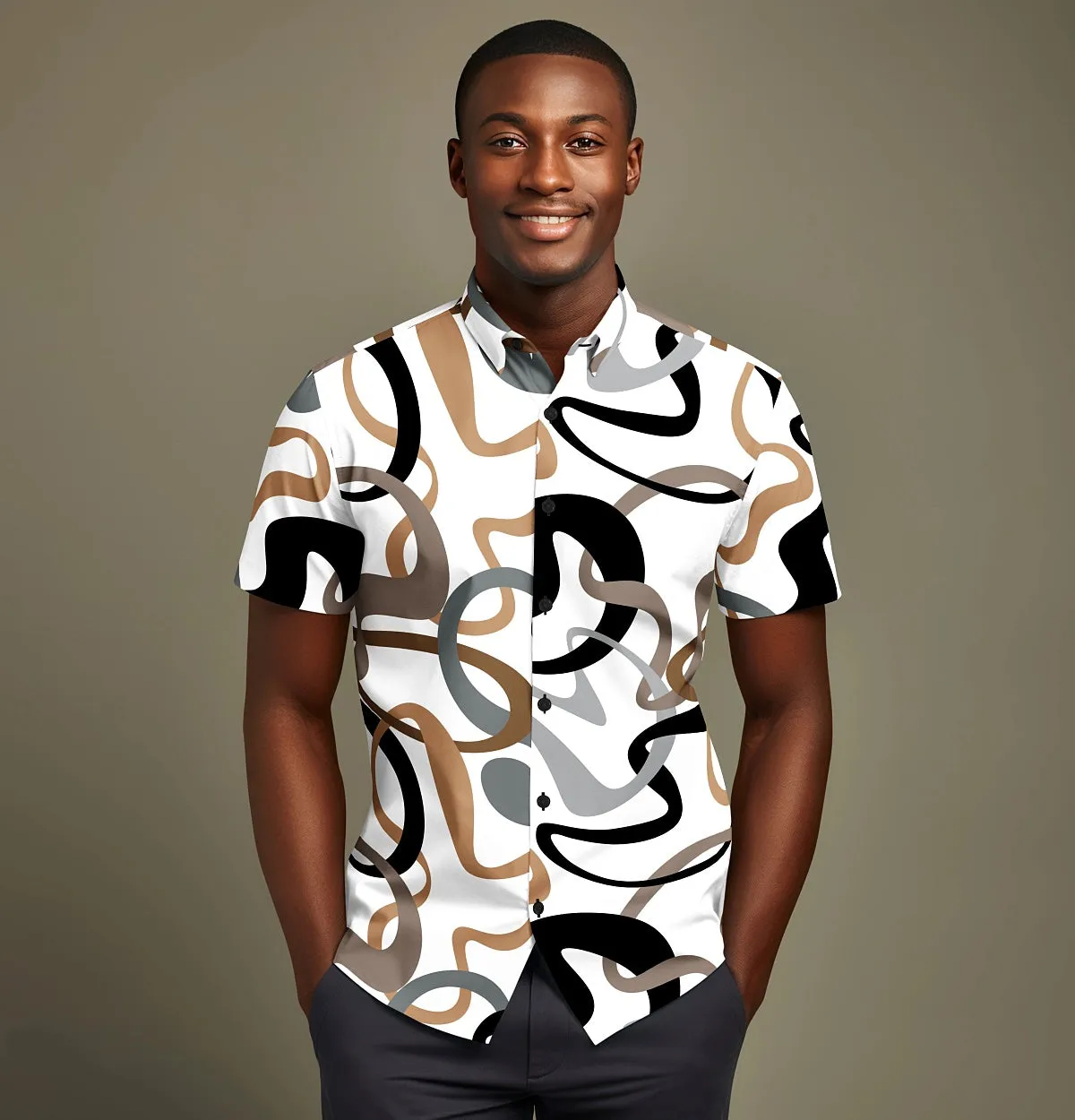 Wrinkle-Free - White with Brown Abstract - Short Sleeve sold by Airthreads product image thumbnail 4