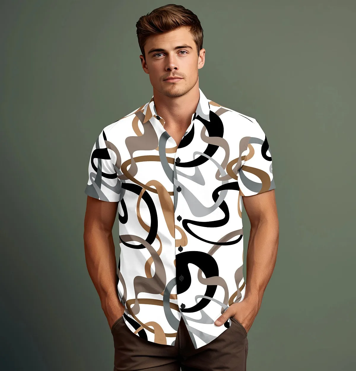 Wrinkle-Free - White with Brown Abstract - Short Sleeve sold by Airthreads product image thumbnail 5