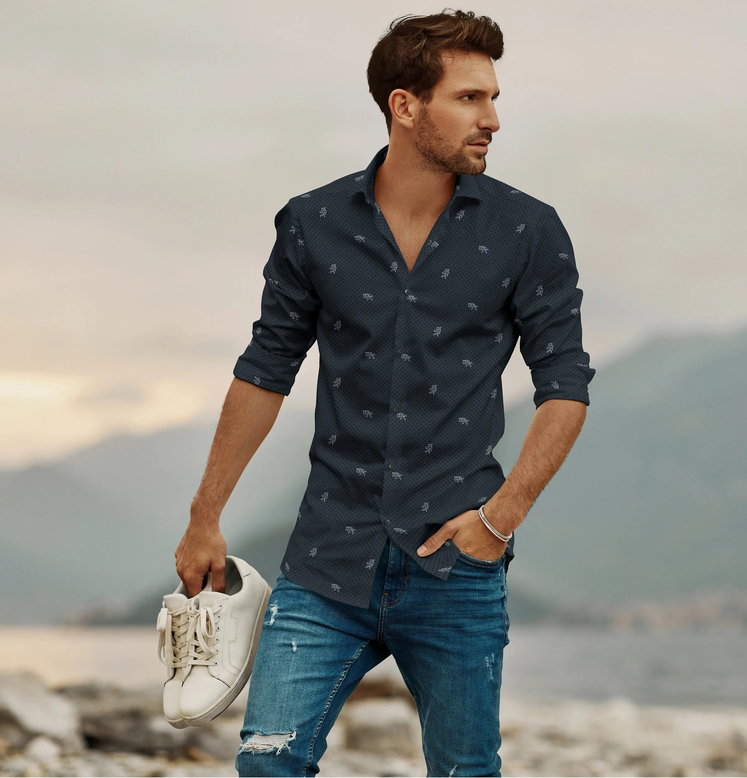 Pure Cotton - Long Sleeve - Navy with Leaves sold by Airthreads product image thumbnail 3