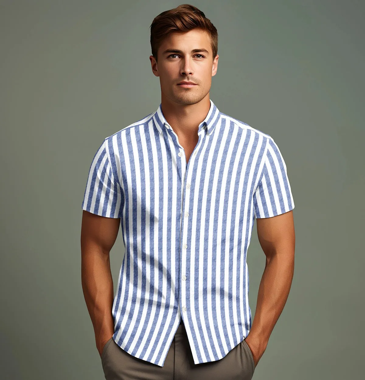 Cotton-Linen - Short Sleeve - Blue and White Stripe sold by Airthreads product image thumbnail 3