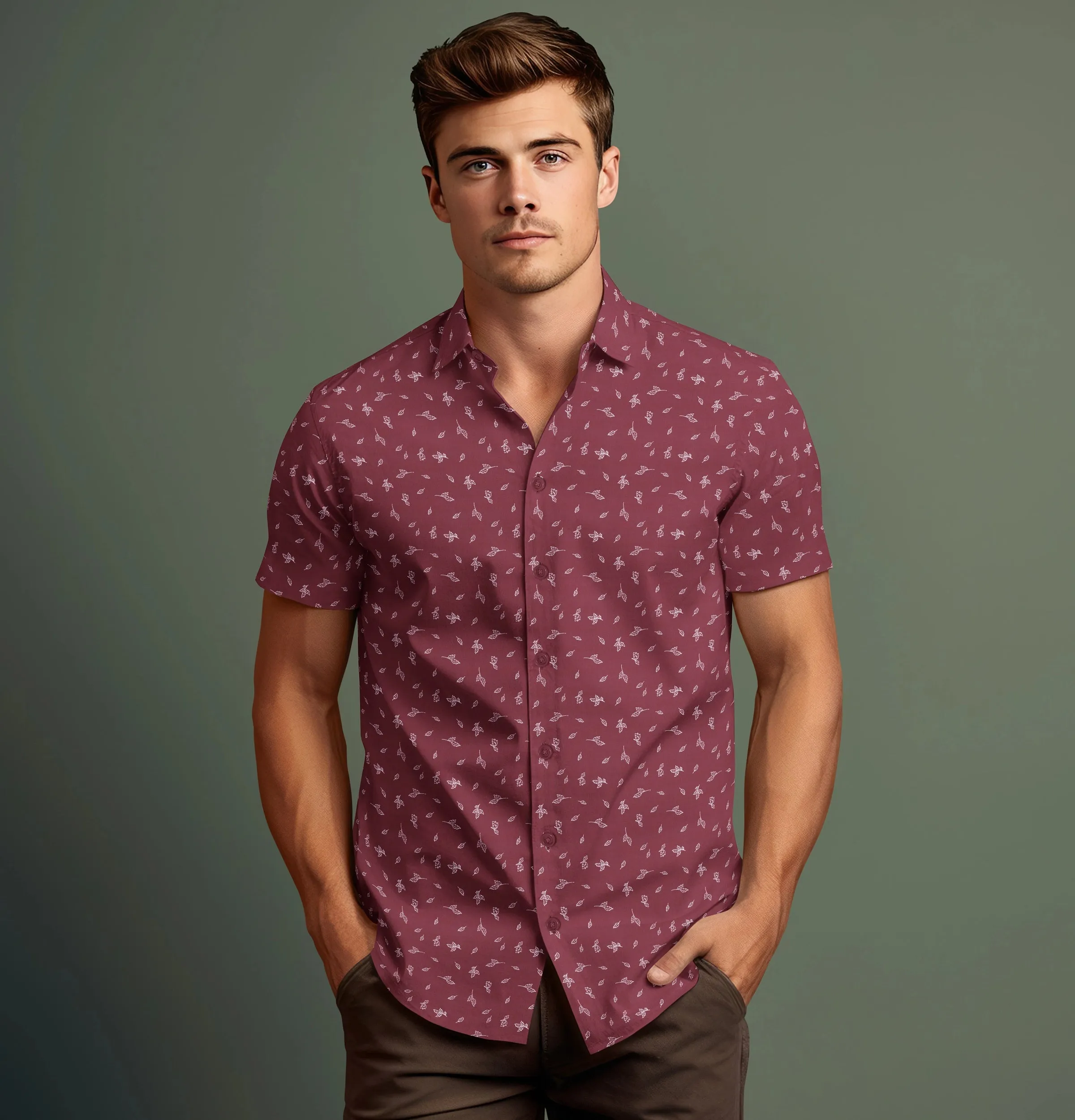 Pure Cotton - Short Sleeve - Maroon with Leaves sold by Airthreads product image thumbnail 3
