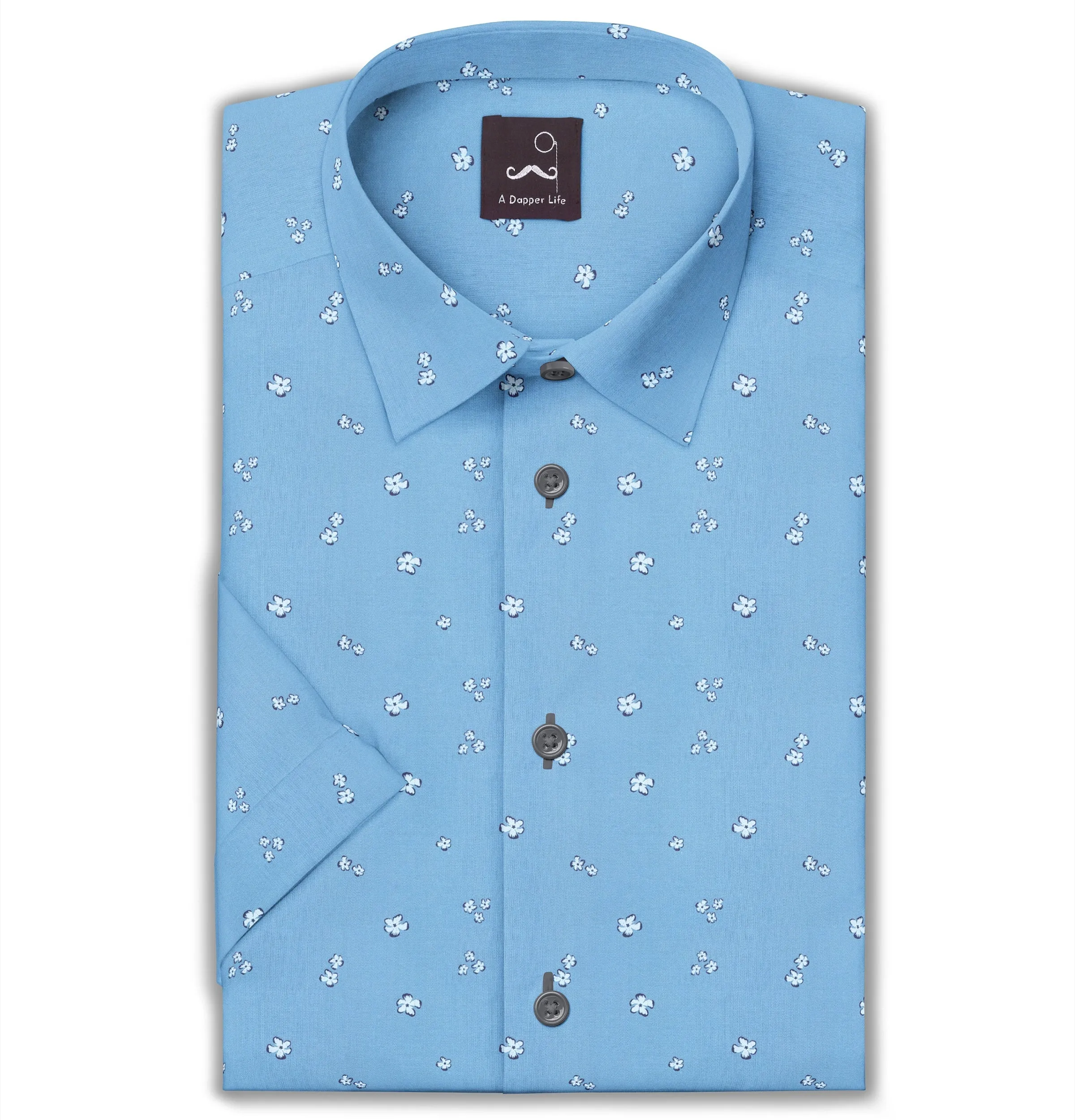 Pure Cotton - Short Sleeve - Blue with White Flowers sold by Airthreads