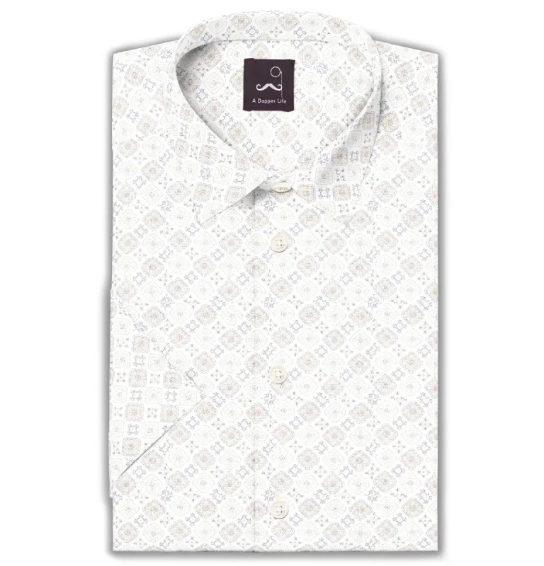 Pure Cotton - Short Sleeve - White with Faded Brown Diamond Print sold by Airthreads