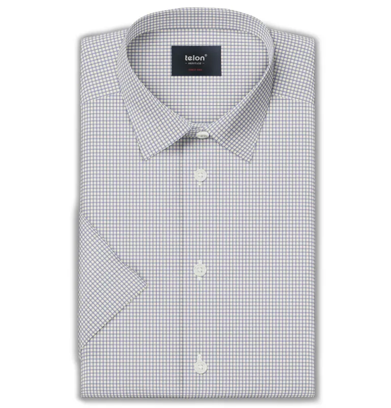 Luxury Pure Cotton - Short Sleeve - Cream and Navy Windowpane made by Airthreads