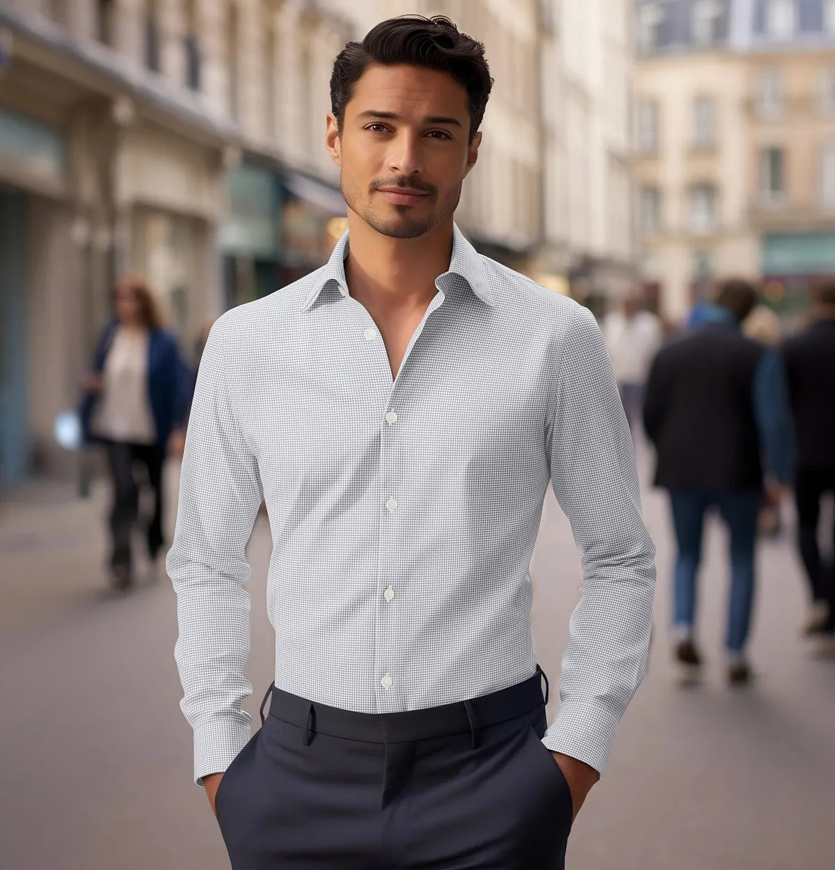 Luxury Pure Cotton - Long Sleeve - Cream and Navy Windowpane sold by Airthreads product image thumbnail 3