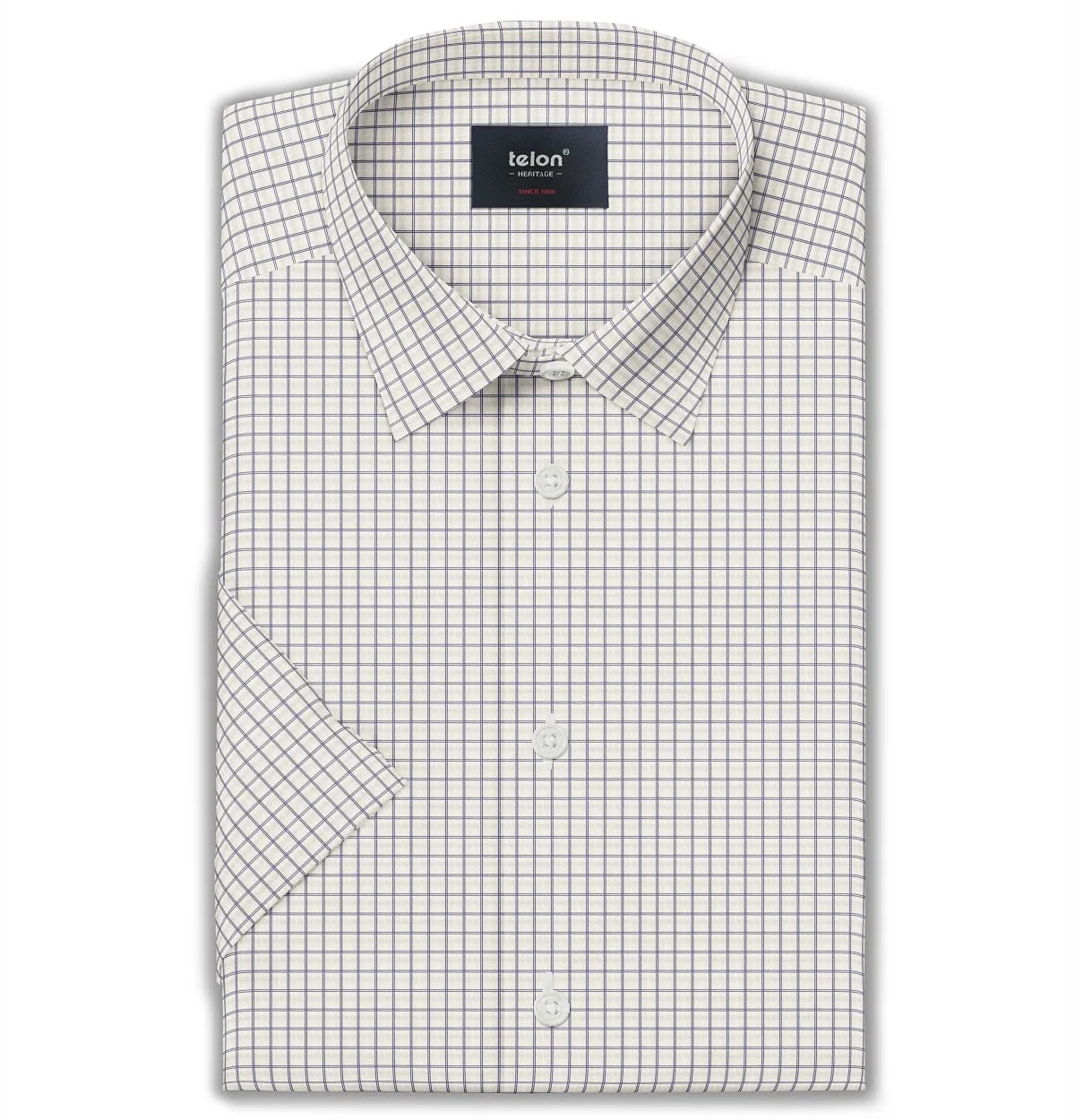Luxury Pure Cotton - Short Sleeve - Cream and Navy Double Grid sold by Airthreads