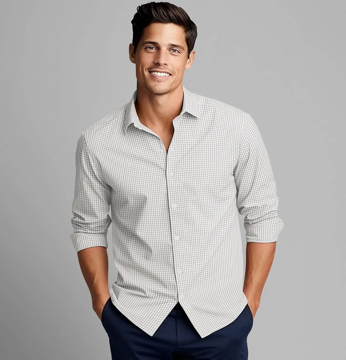 Luxury Pure Cotton - Long Sleeve - Cream and Navy Double Grid sold by Airthreads product image thumbnail 3