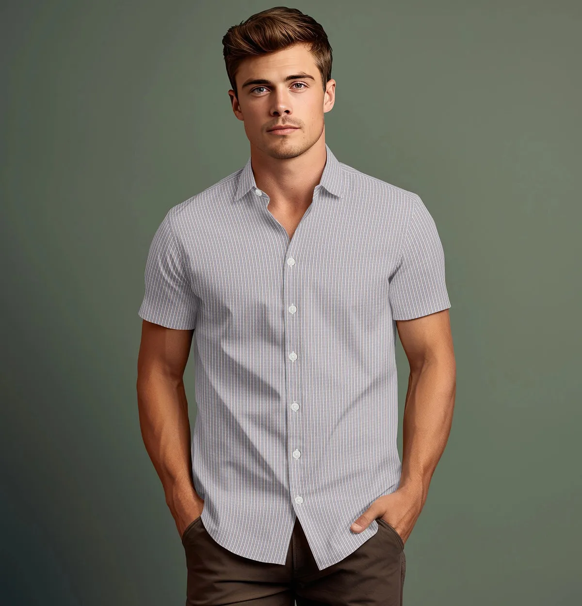 Luxury Wrinkle-Resistant - Short Sleeve - Gray and Mahogany Stripe sold by Airthreads product image thumbnail 3