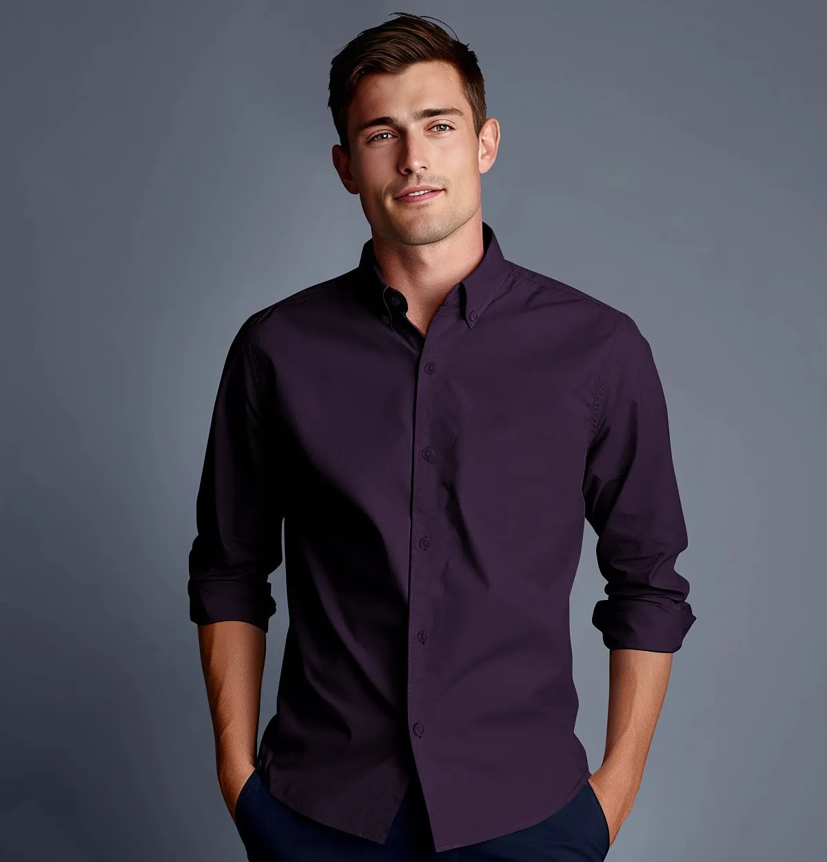 Wrinkle-Resistant - Cotton-Lycra - Button-Down - Long Sleeve - Deep Plum sold by Airthreads product image thumbnail 3