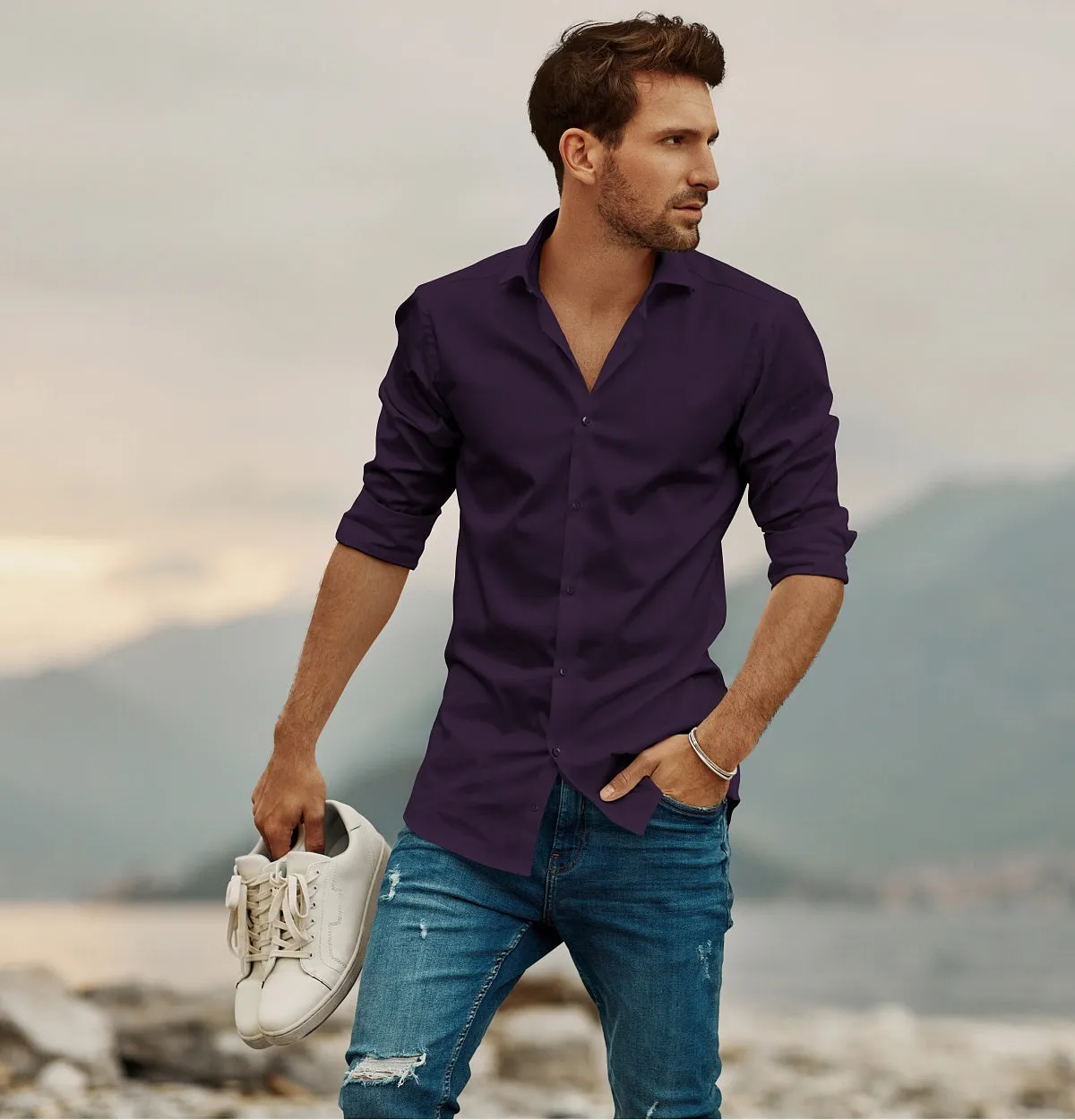 Wrinkle-Resistant - Cotton-Lycra - Long Sleeve - Deep Plum sold by Airthreads product image thumbnail 3