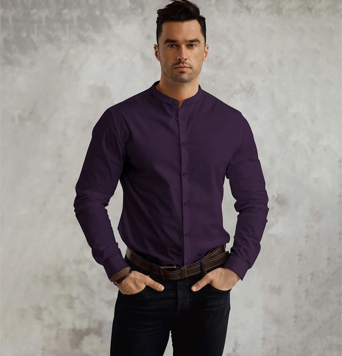 Wrinkle-Resistant - Band Collar - Long Sleeve - Deep Plum sold by Airthreads product image thumbnail 3