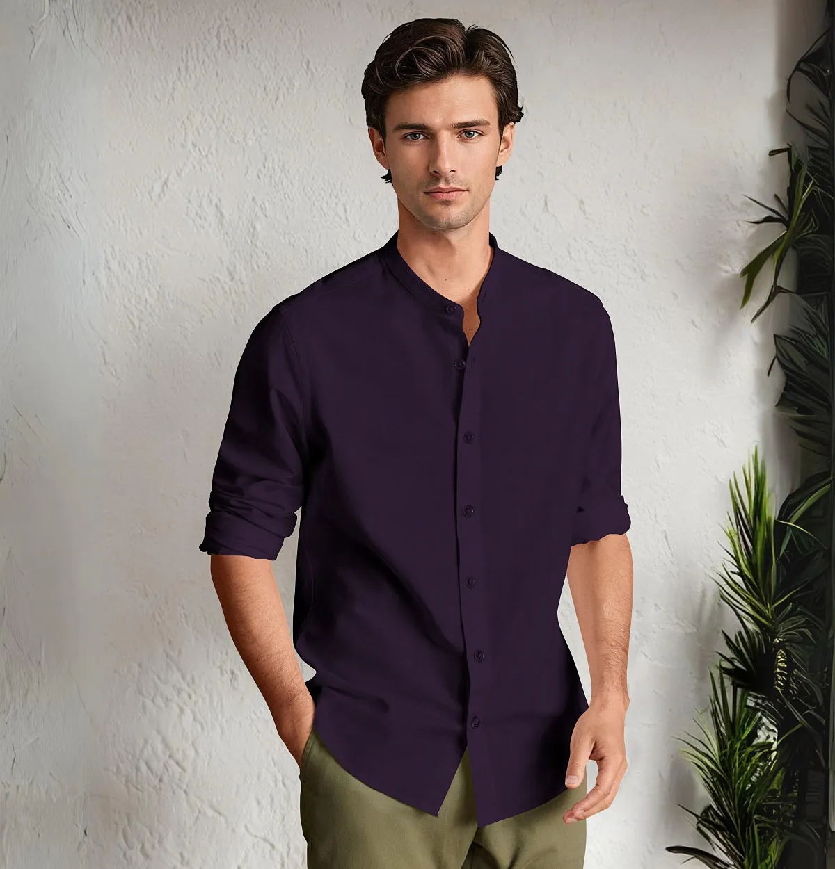 Wrinkle-Resistant - Band Collar - Long Sleeve - Deep Plum sold by Airthreads product image thumbnail 4