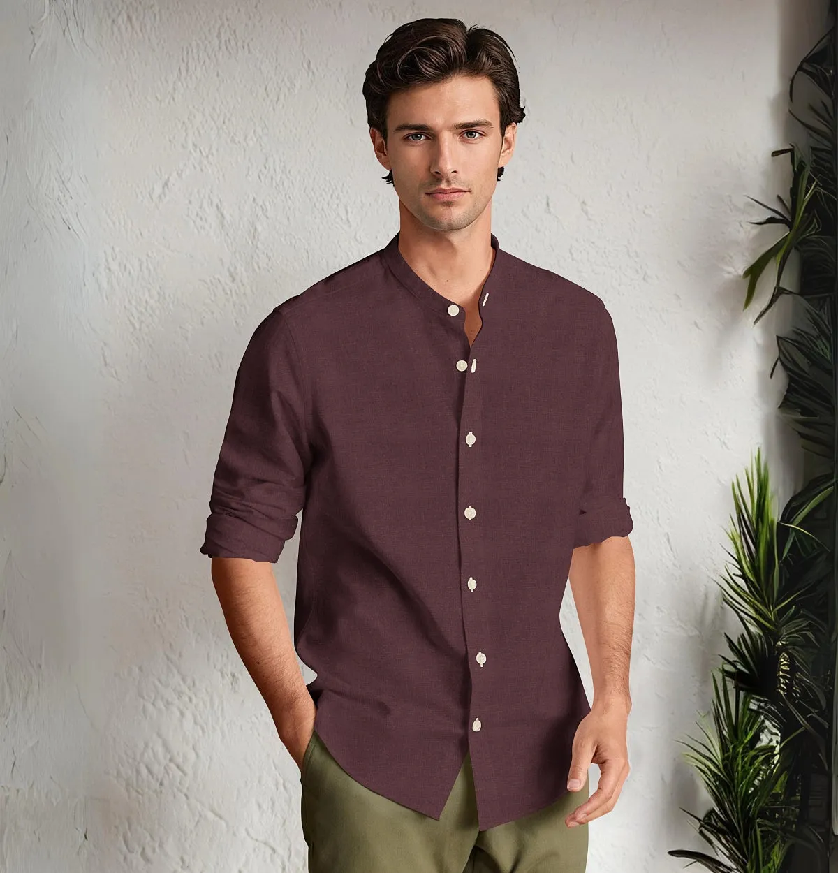Pure Linen - Band Collar - Long Sleeve - Maroon sold by Airthreads product image thumbnail 4