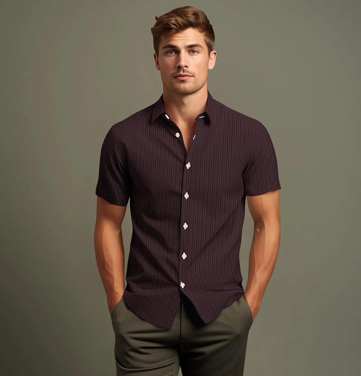 Pure Cotton - Semi-Spread Collar - Short Sleeve - Burgundy Maze sold by Airthreads product image thumbnail 4