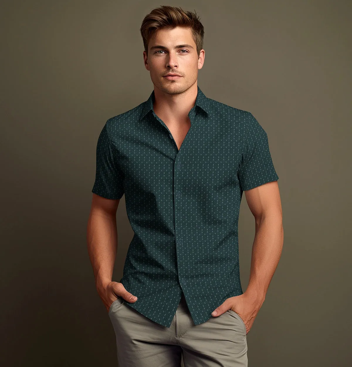 Pure Cotton - Semi-Spread Collar - Short Sleeve - Green Diamond Lattice sold by Airthreads product image thumbnail 4