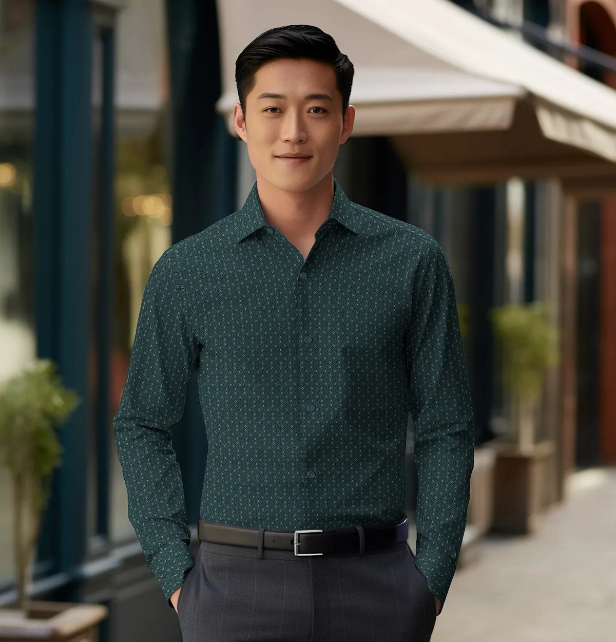 Pure Cotton - Semi-Spread Collar - Long Sleeve - Green Diamond Lattice sold by Airthreads product image thumbnail 3