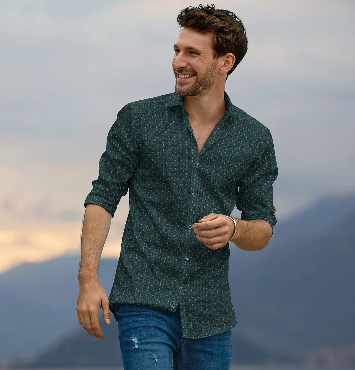 Pure Cotton - Semi-Spread Collar - Long Sleeve - Green Diamond Lattice sold by Airthreads product image thumbnail 4