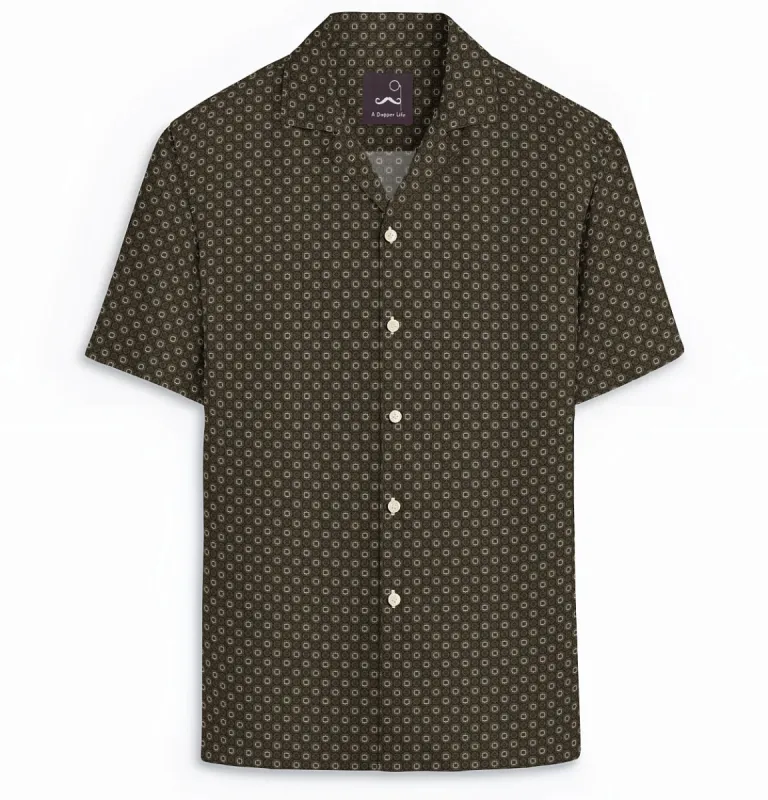 Pure Cotton - Camp Collar - Short Sleeve - Olive Floral Maze sold by Airthreads