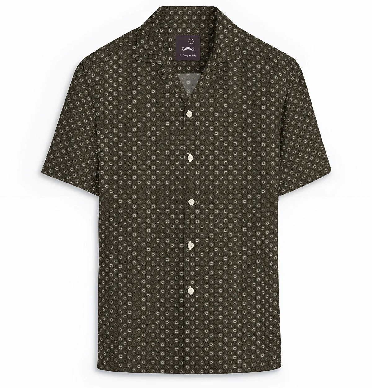 Pure Cotton - Camp Collar - Short Sleeve - Olive Floral Maze sold by Airthreads