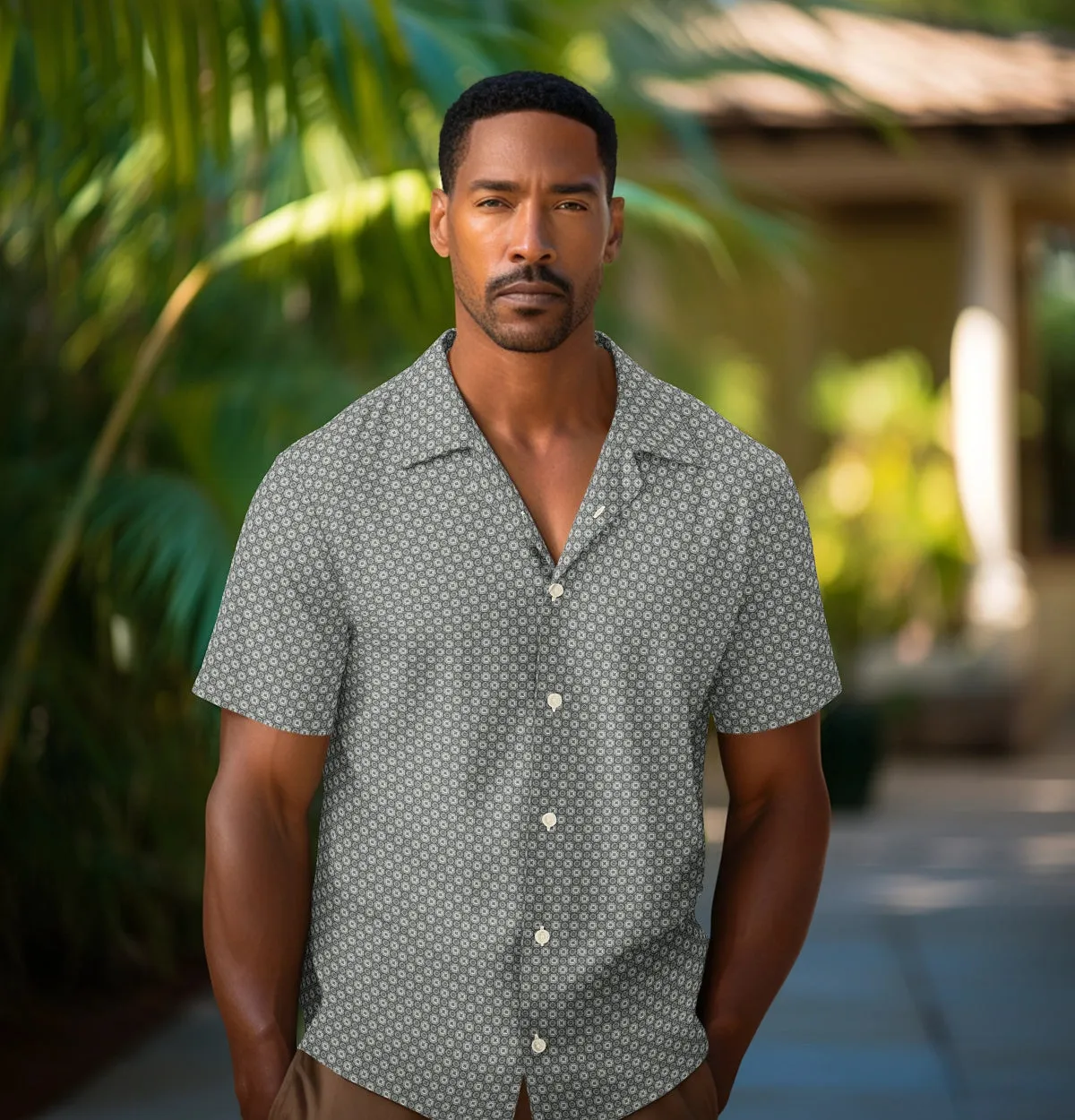 Pure Cotton - Camp Collar - Short Sleeve - Light Gray Floral Maze sold by Airthreads product image thumbnail 3