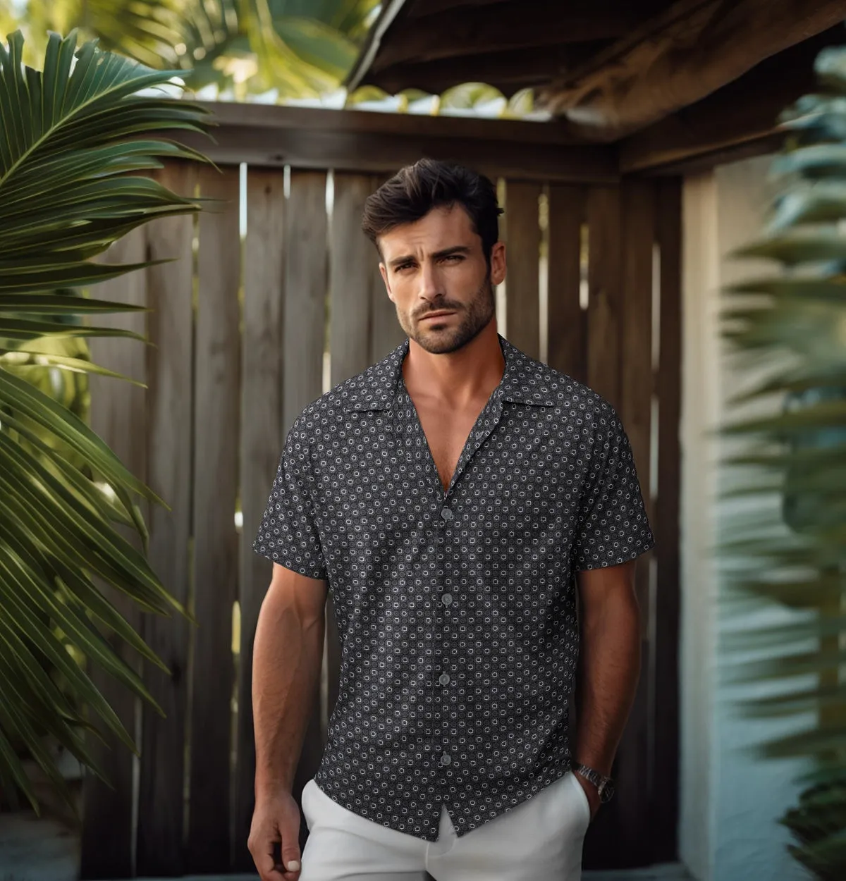 Pure Cotton - Camp Collar - Short Sleeve - Dark Gray Floral Maze sold by Airthreads product image thumbnail 3