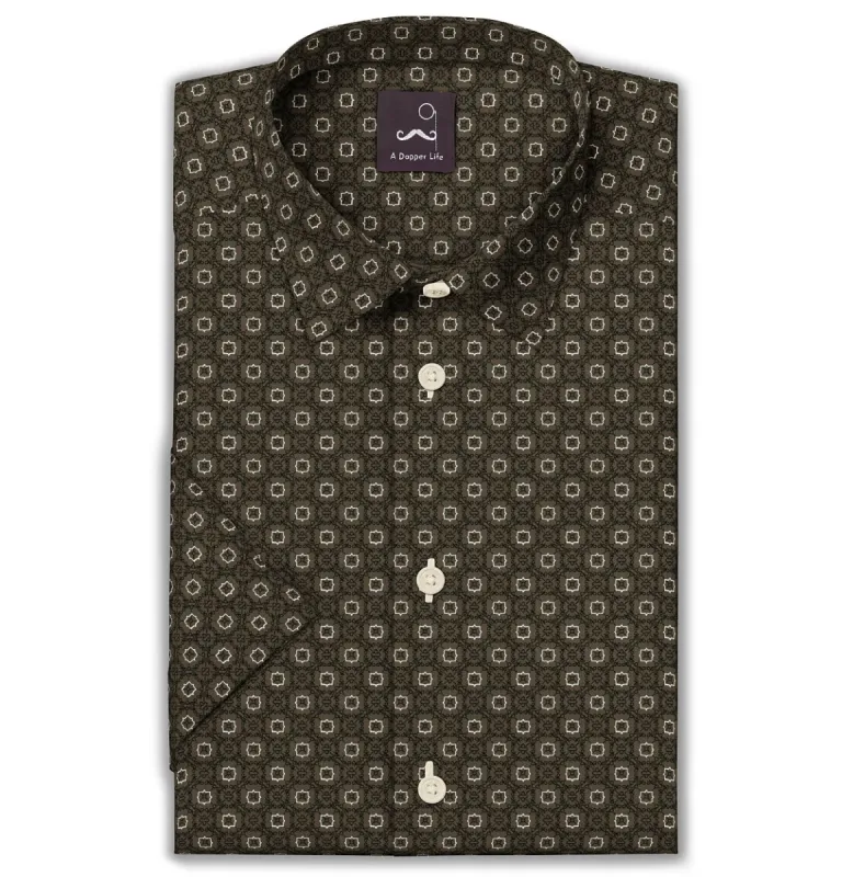 Pure Cotton - Semi-Spread Collar - Short Sleeve - Olive Floral Maze sold by Airthreads