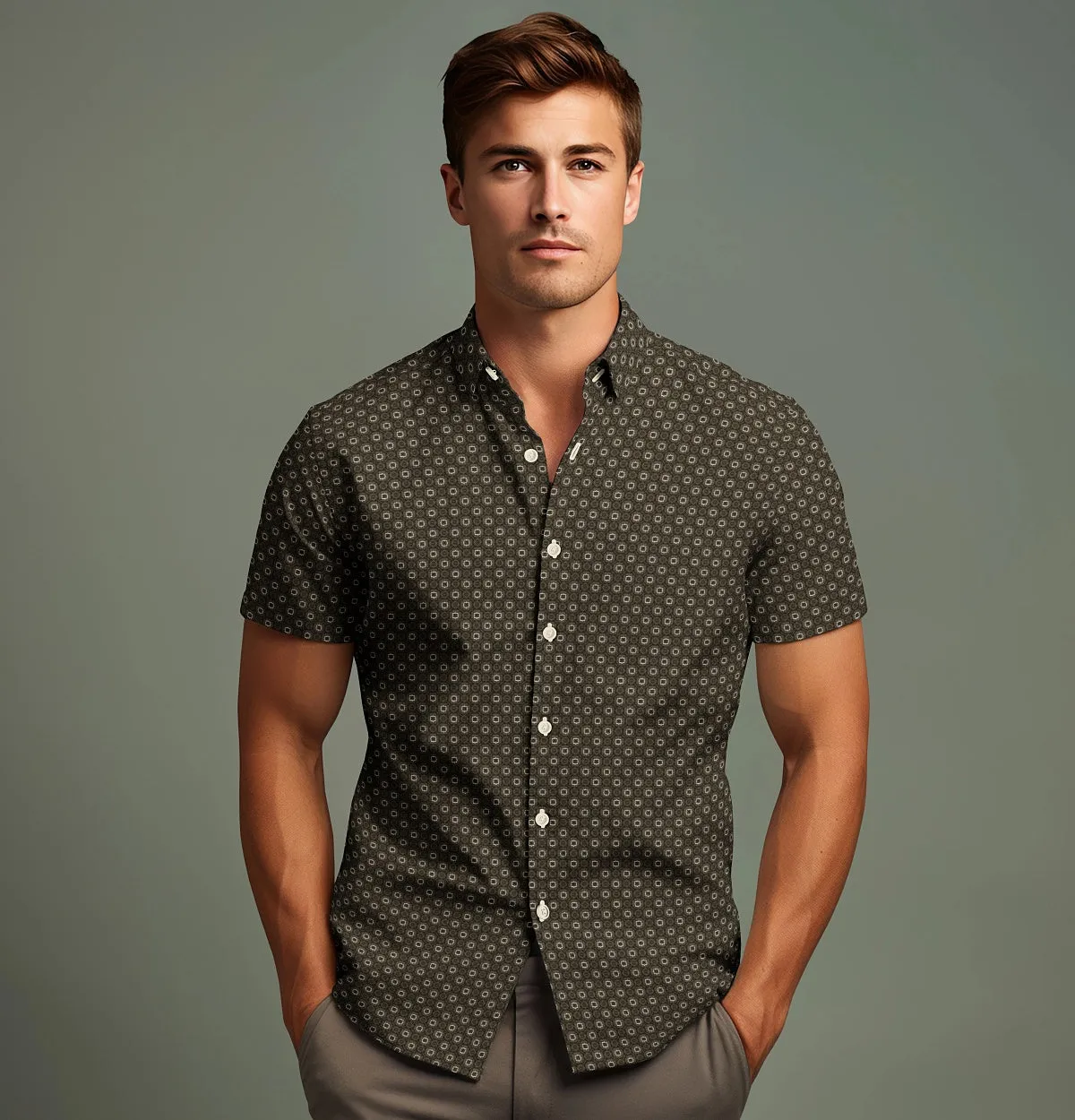 Pure Cotton - Semi-Spread Collar - Short Sleeve - Olive Floral Maze sold by Airthreads product image thumbnail 4