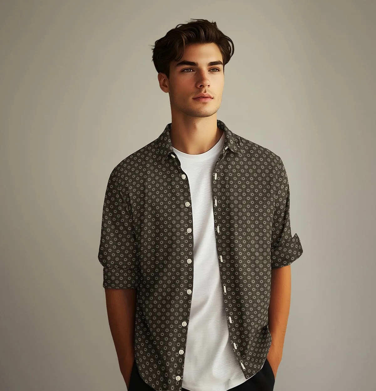 Pure Cotton - Semi-Spread Collar - Long Sleeve - Olive Floral Maze sold by Airthreads product image thumbnail 4