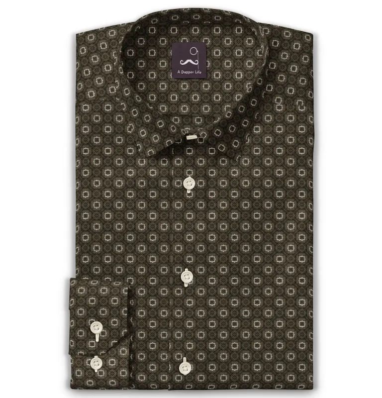 Pure Cotton - Semi-Spread Collar - Long Sleeve - Olive Floral Maze sold by Airthreads