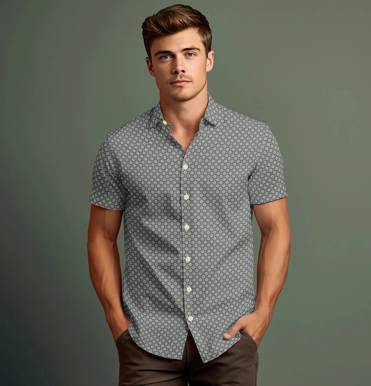 Pure Cotton - Semi-Spread Collar - Short Sleeve - Light Gray Floral Maze sold by Airthreads product image thumbnail 4