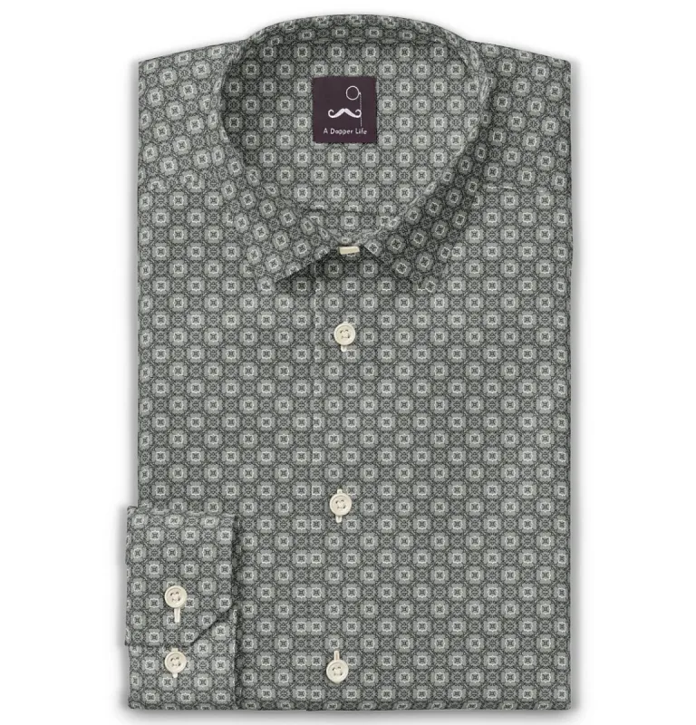 Pure Cotton - Semi-Spread Collar - Long Sleeve - Light Gray Floral Maze sold by Airthreads