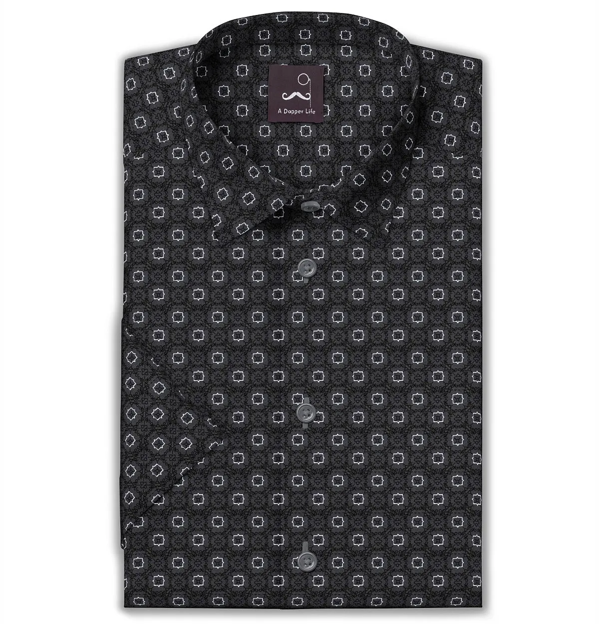 Pure Cotton - Semi-Spread Collar - Short Sleeve - Dark Gray Floral Maze sold by Airthreads