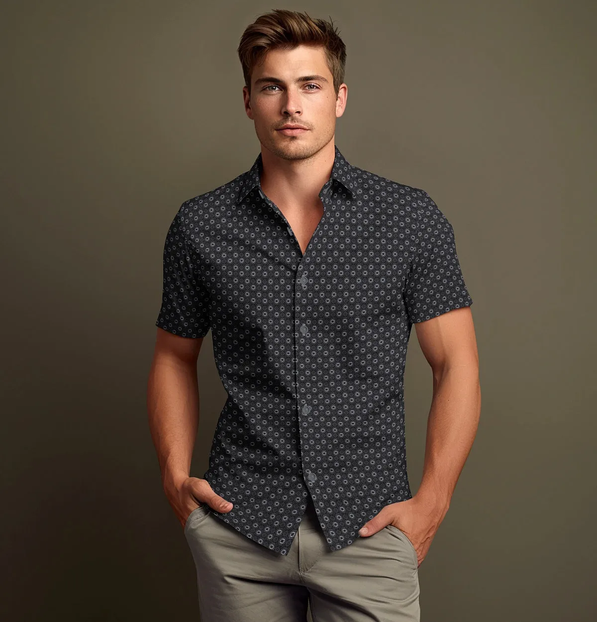 Pure Cotton - Semi-Spread Collar - Short Sleeve - Dark Gray Floral Maze sold by Airthreads product image thumbnail 4